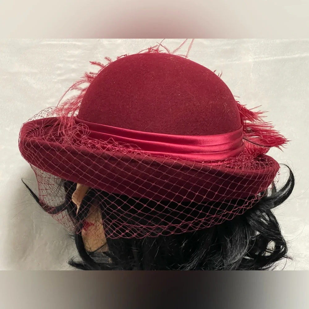 Vintage Mr Charles Red Feather Wool Hat fascinator Sunday best